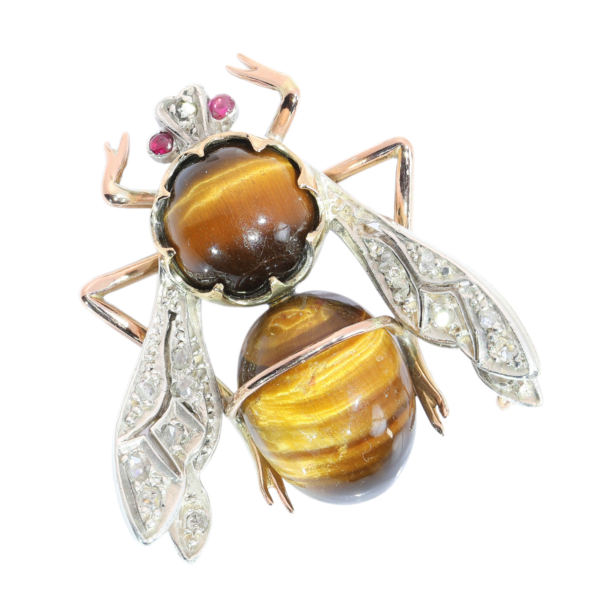 Charming Interbellum Bee Brooch, ca. 1930, with Tiger’s Eye and Diamonds