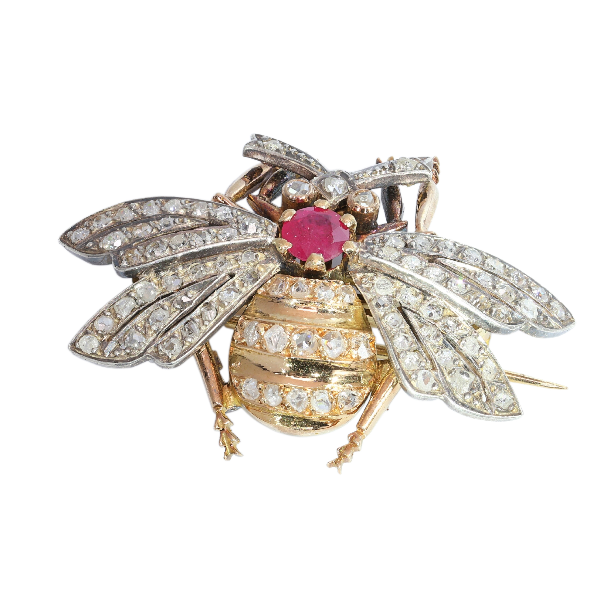 Interbellum Bee Brooch with Diamonds and Ruby in Gold and Silver