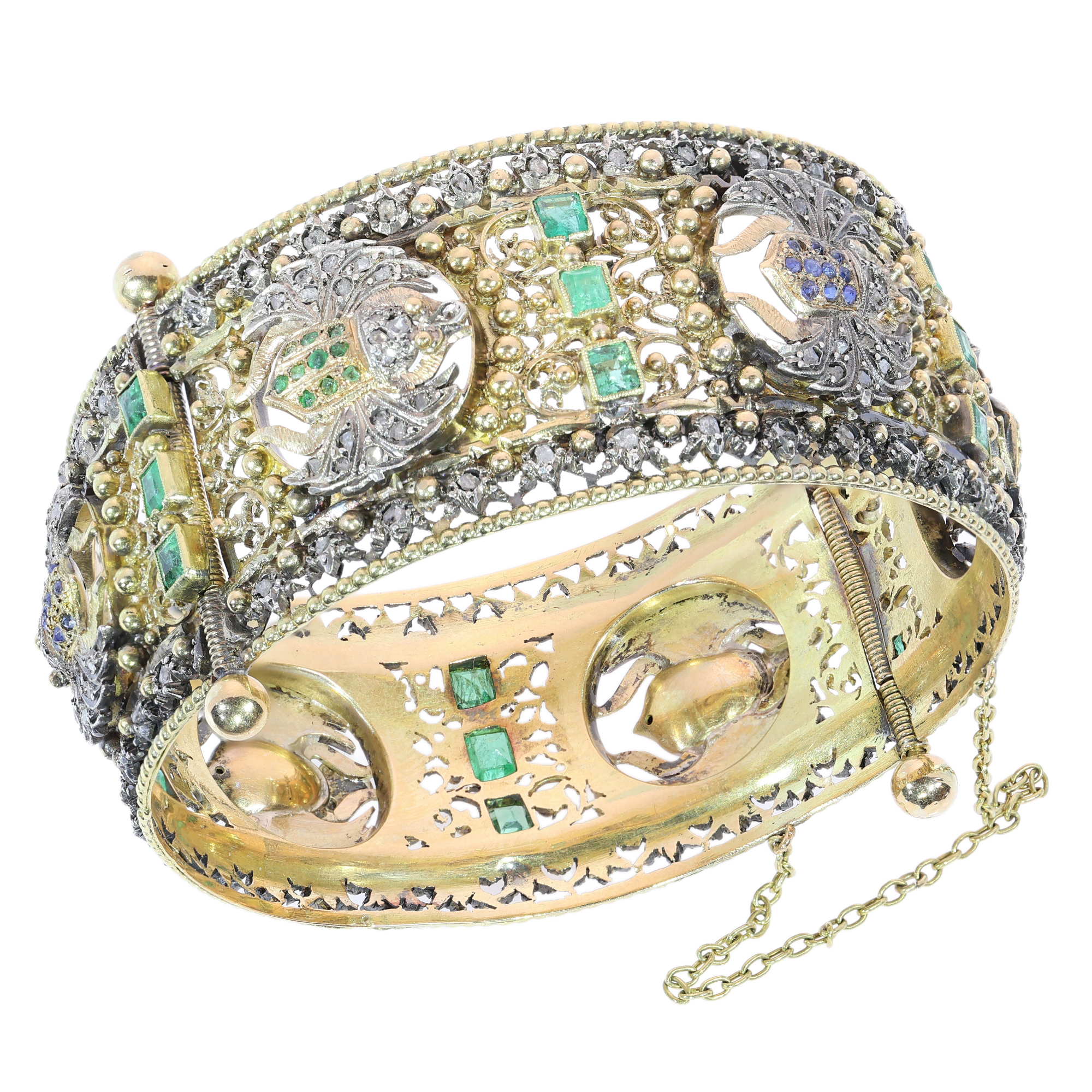 Victorian Neo Egyptian Hinged Bangle with Diamond and Gem Set Scarabs