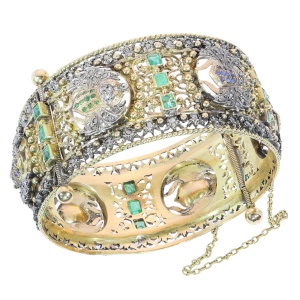 Victorian Neo Egyptian Hinged Bangle with Diamond and Gem Set Scarabs