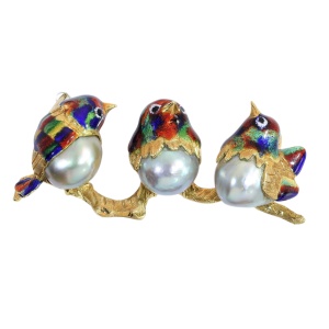 Vintage Italian Bird Brooch with Enamel and Baroque Pearls in 18K Gold