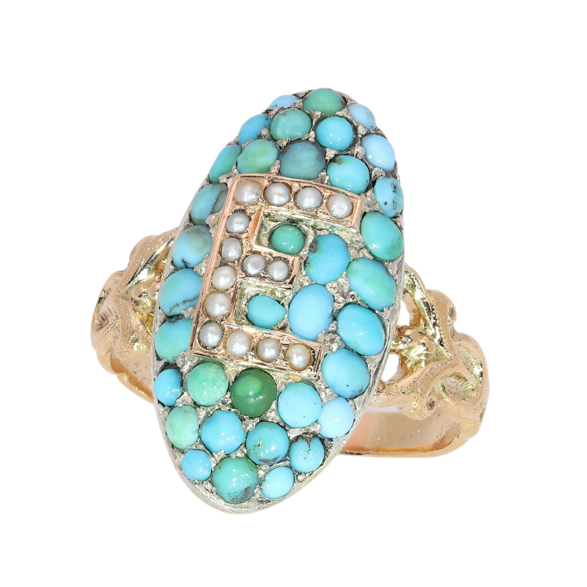 A Grand Victorian Letter E Ring in Turquoise, Pearl and Gold, circa 1870