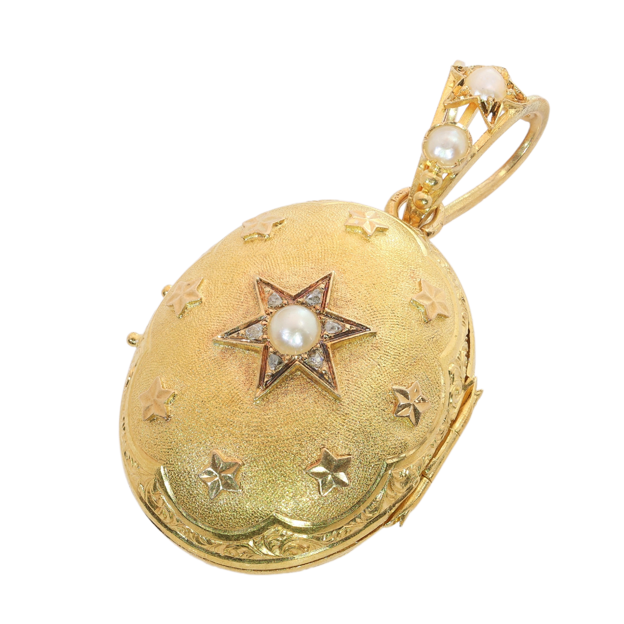 Victorian Star Locket Pendant in 18K Gold, circa 1860, with Diamonds and Pearls