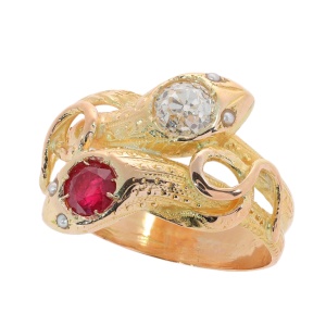 Two Serpents in Gold: A Victorian Diamond and Ruby Ring, circa 1900