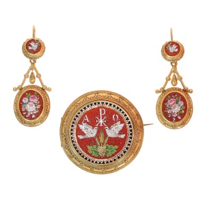 Antique Micromosaic Gold Brooch and Earrings Suite in 18K Gold, Circa 1870