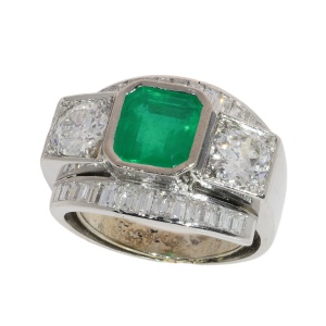 An Architectural Emerald and Diamond Statement Ring, c. 1955