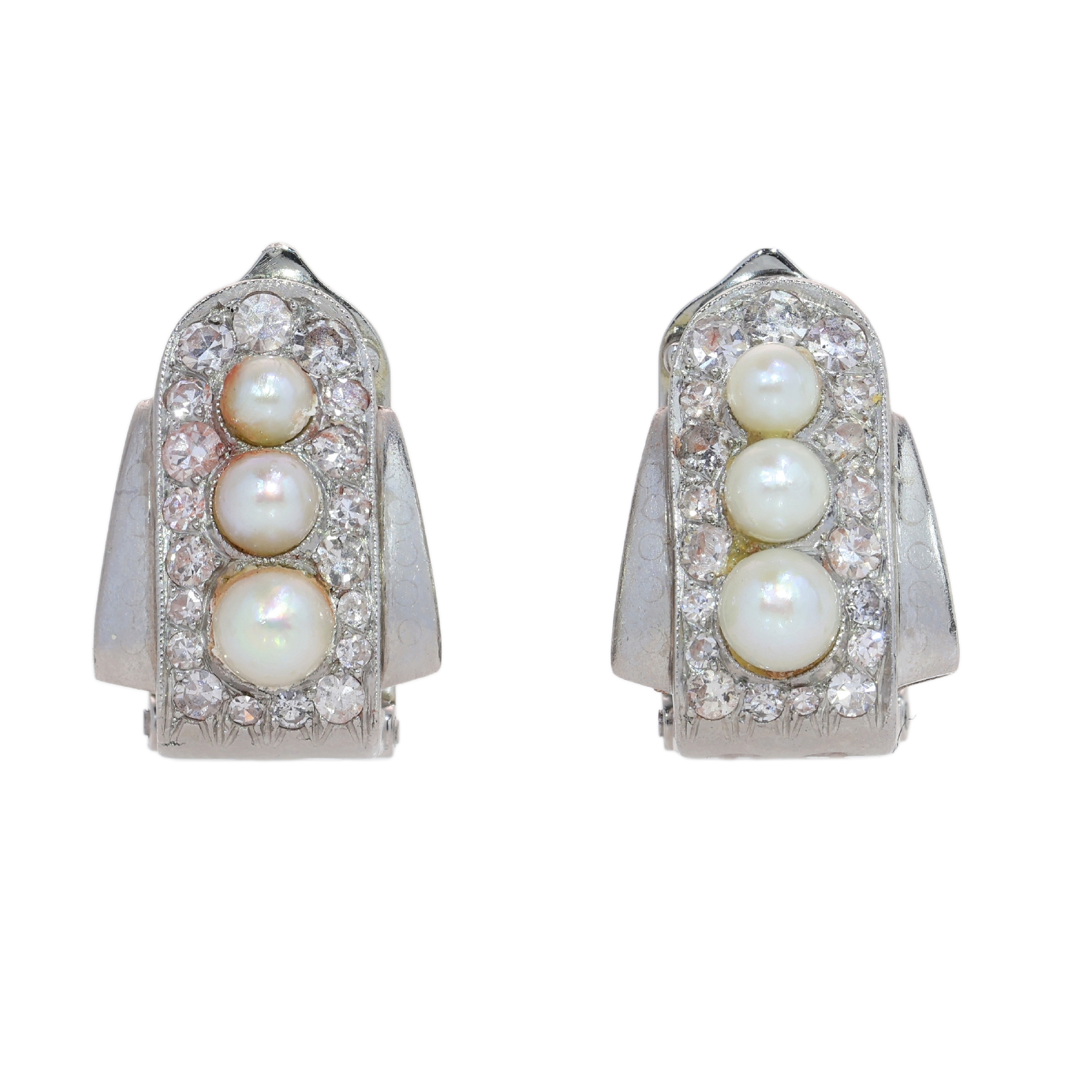 Platinum Pearl and Diamond Earclips with Art Deco Echoes, circa 1950