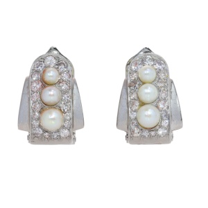 Platinum Pearl and Diamond Earclips with Art Deco Echoes, circa 1950