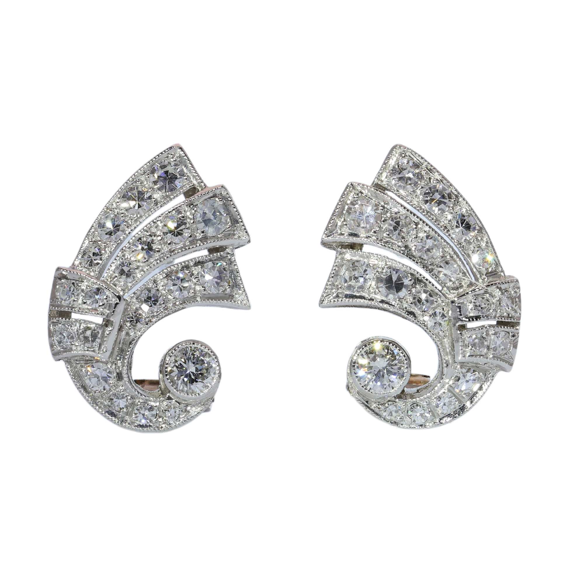 Circa 1950 Platinum Fifties Diamond Earclips with 18K White Gold Fittings