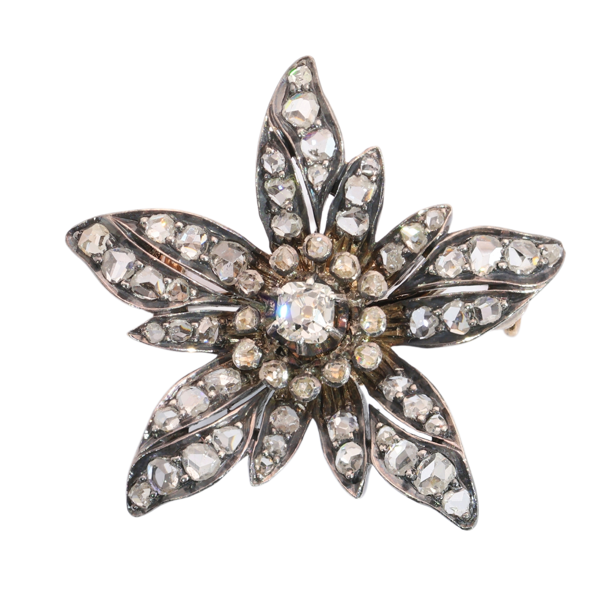 Antique diamond flower brooch in gold and silver, circa 1840